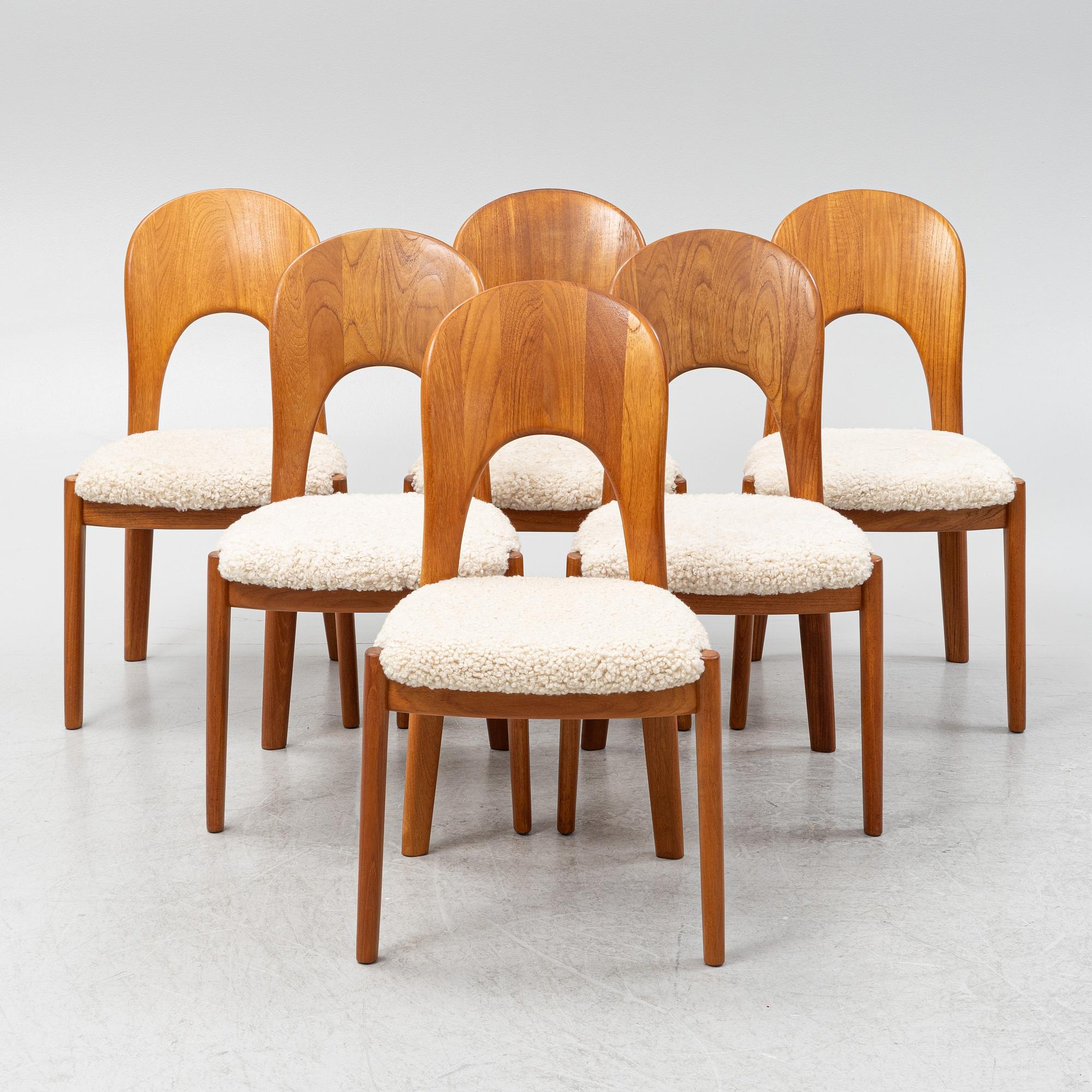 Niels Koefoed, six teak dining chairs upholstered in sheepskin, Denmark, 1960's.