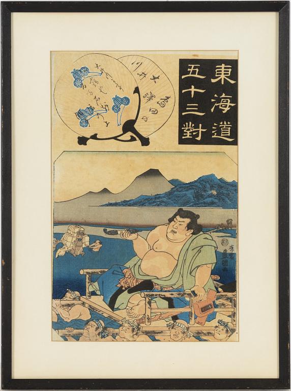 Utagawa Kunisada, "the wrestler Koyonagi" ur serien "The 53 stations of the Tōkaidō in pairs".