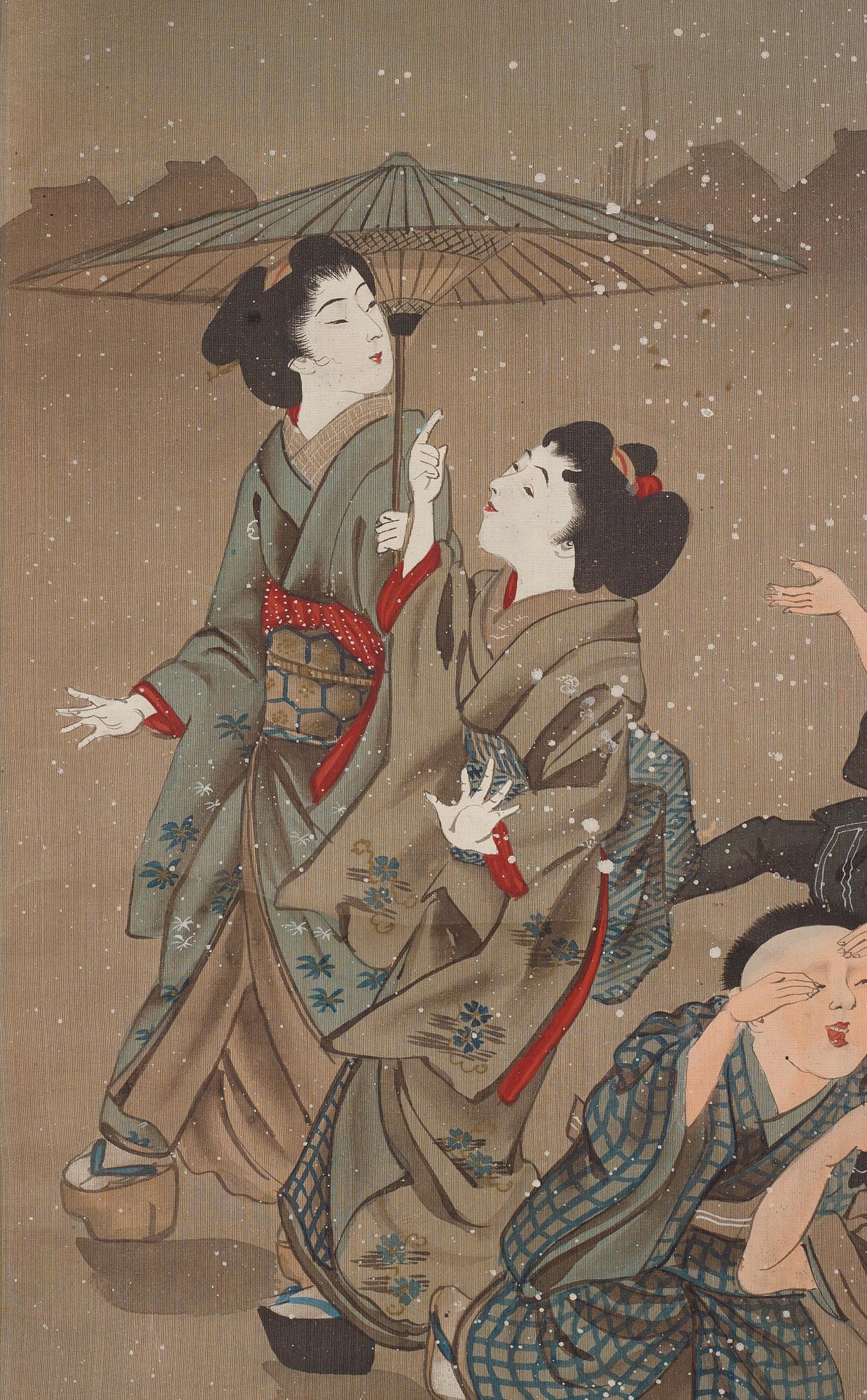 RULLMÅLNINGAR, sex stycken, tusch och färg på papper. Japan, Meiji (1868-1912).