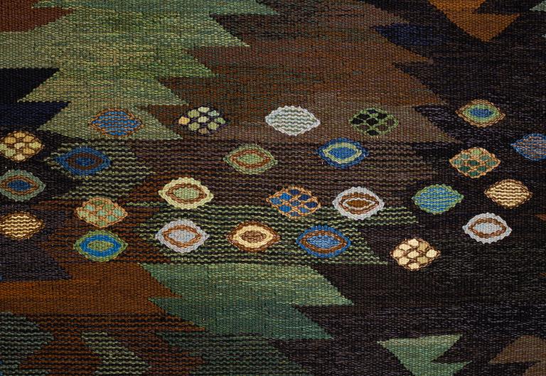 Barbro Nilsson, matto, "Tånga brun och grön", flat weave, ca 223 x 153-155 cm, signed AB MMF BN.