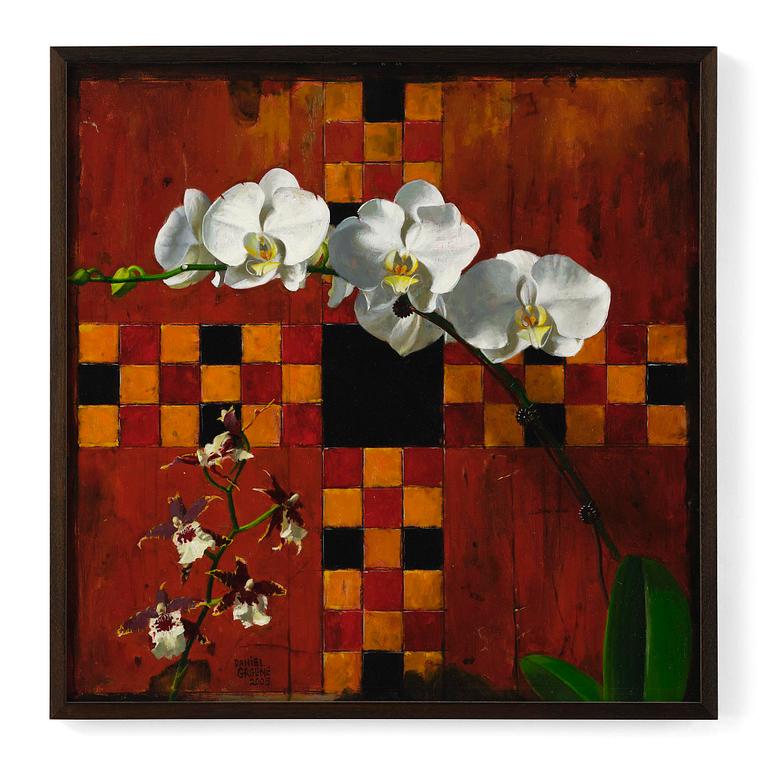 Daniel Greene, "Black, Red, Lupo Antique Gameboard with Orchids".