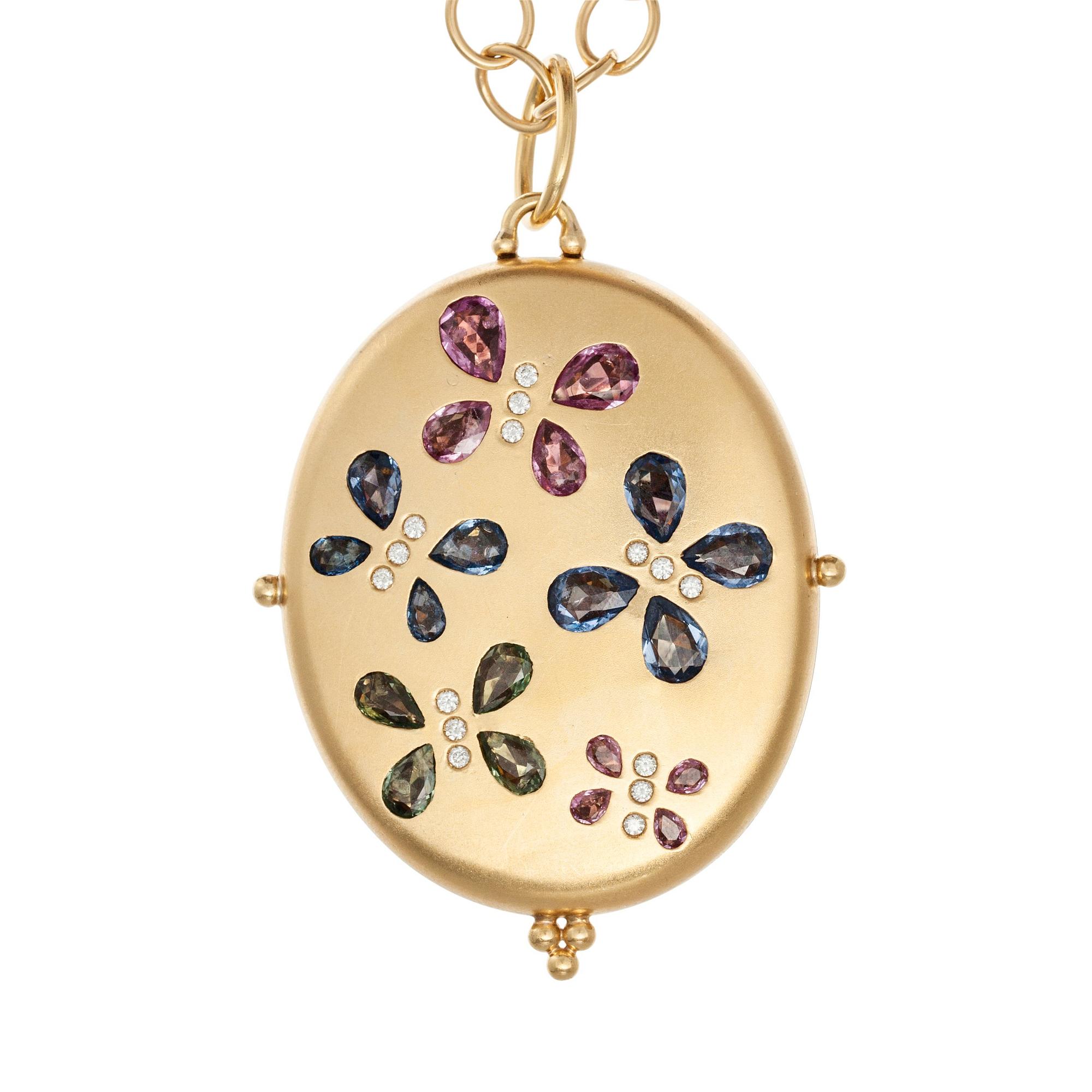 MEDALJONG, 18K guld, flerfärgade safirer, briljantslipade diamanter ca 0,20 ct. TEMPLE ST. CLAIR, USA. Vikt 75,3 g.