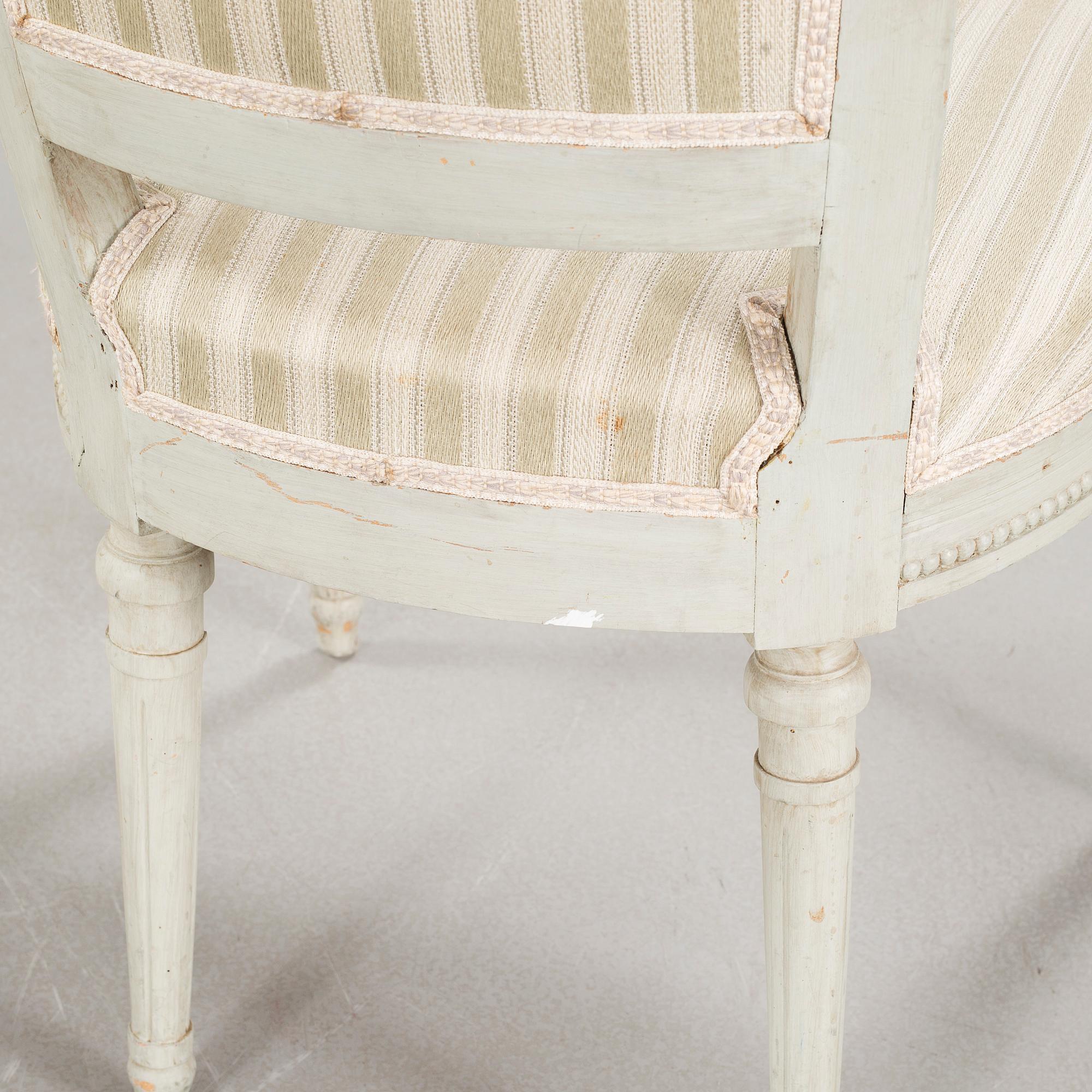 Three chairs, gustavian and gustavian style, aorund the year 1800 and around the year 1900.