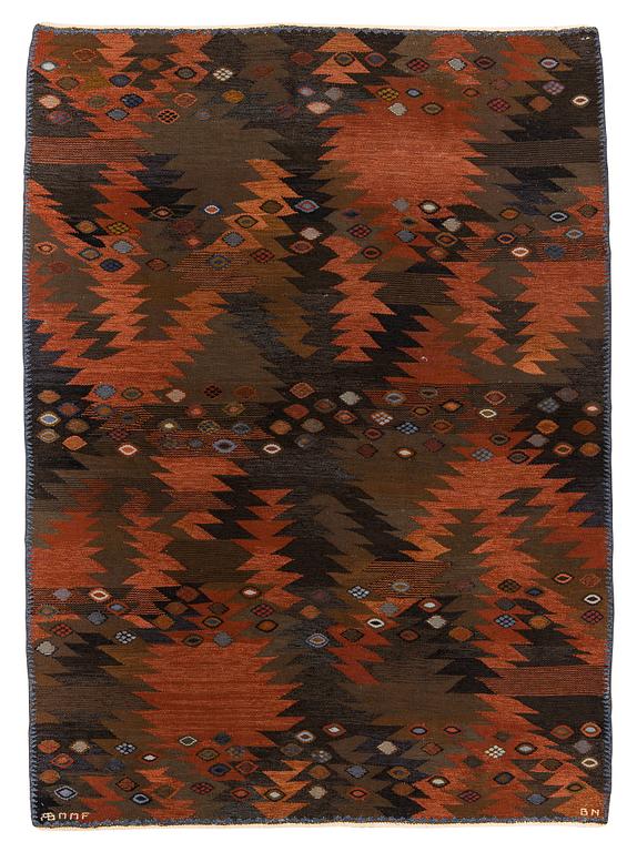 Barbro Nilsson, matto, "Tånga brun original", flat weave, ca 275 x 192-200,5 cm, signed AB MMF BN.