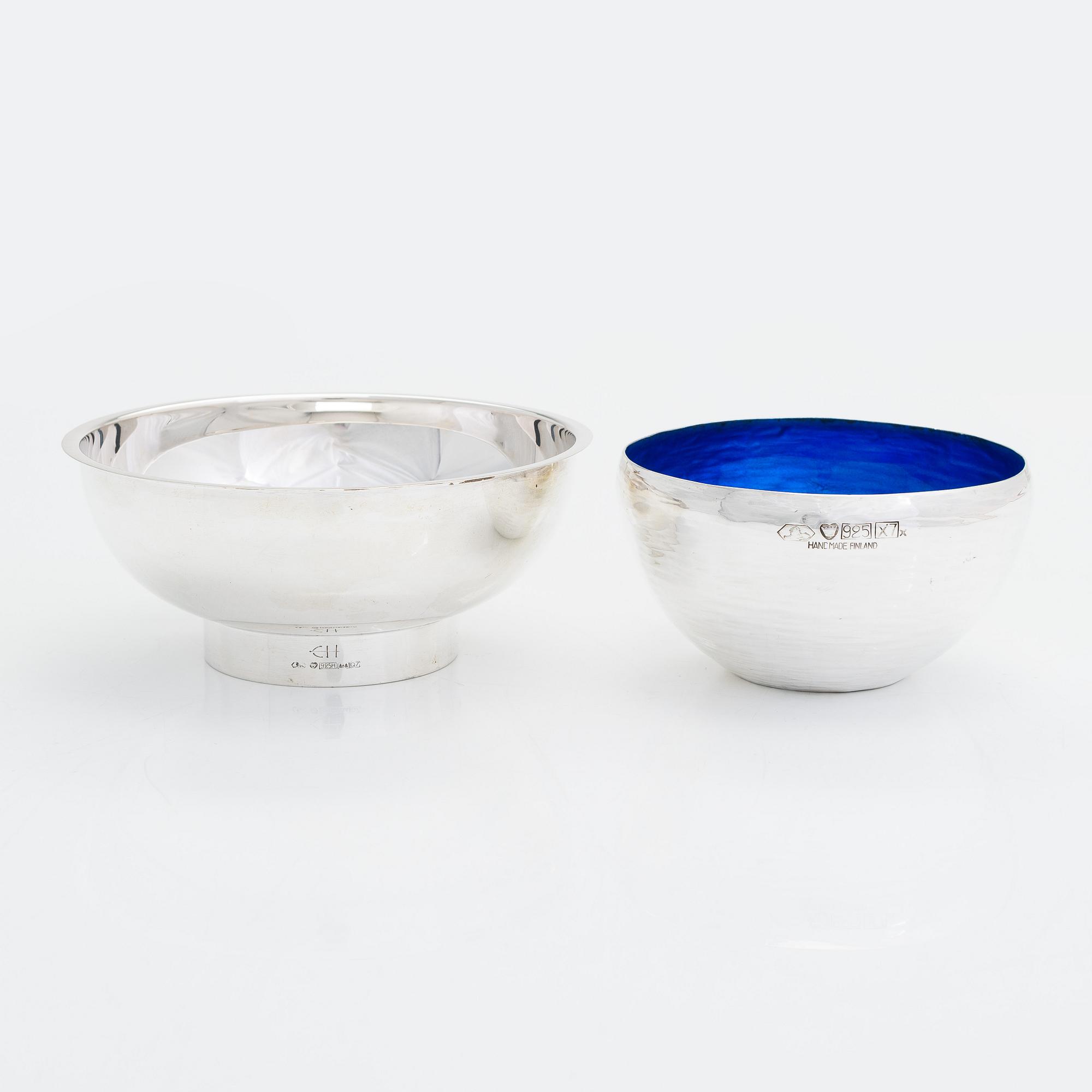 Eva Hidström, two sterling silver bowls,  Kultakeskus, Hämeenlinna 1969 and 1975.