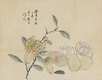 Målning, färg och tusch på papper. Kina, 1900-tal, bär signatur Liu Junyi.