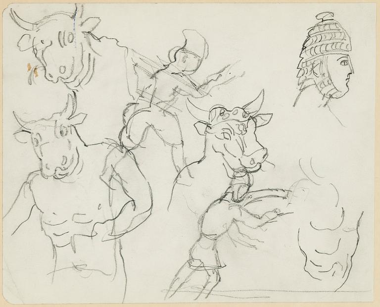 Hilding Linnqvist, pencil drawings, 2 + 3, framed together.