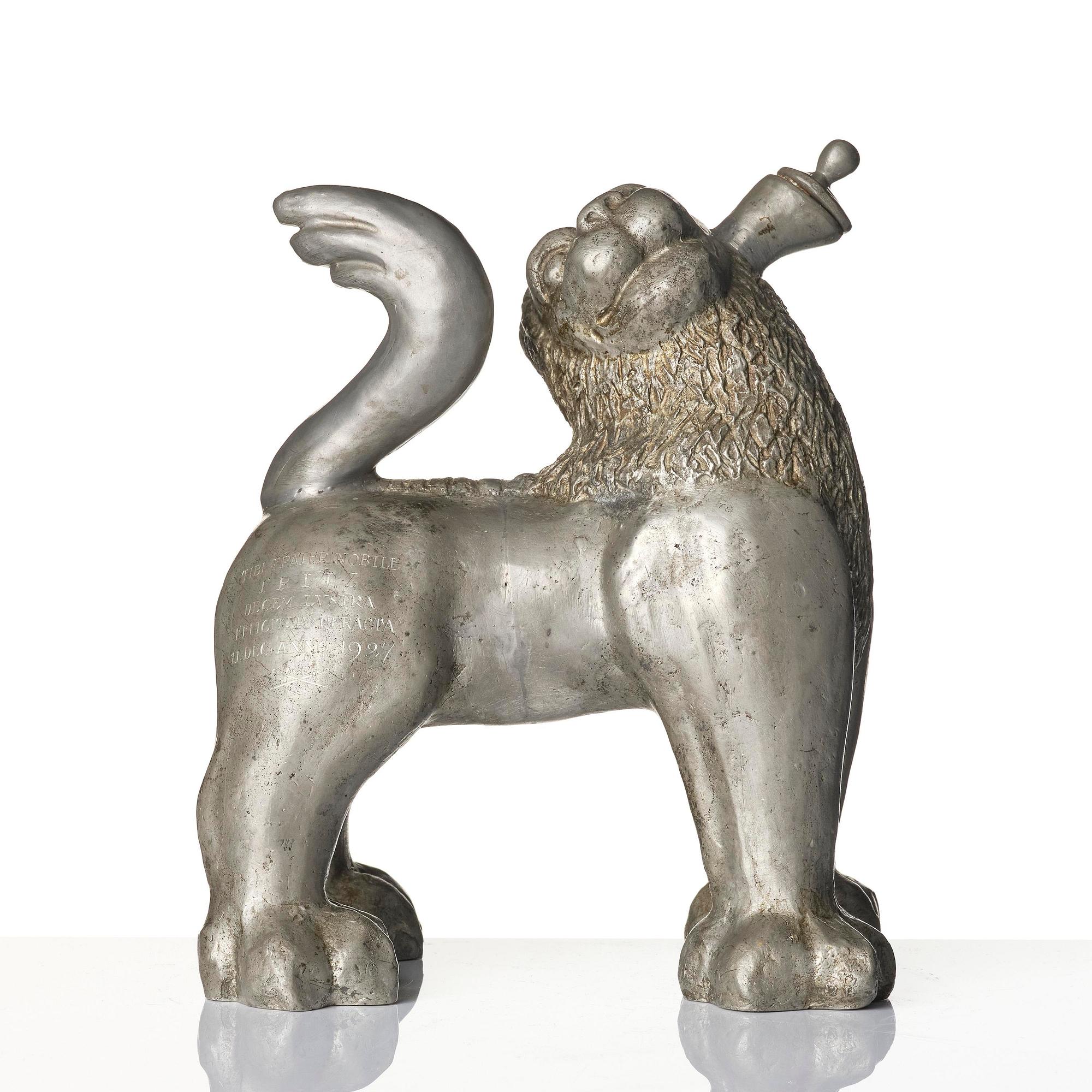 Anna Petrus, a pewter jug in the shape of a standing lion, Herman Bergman konstgjuteri, Stockholm, 1920s.