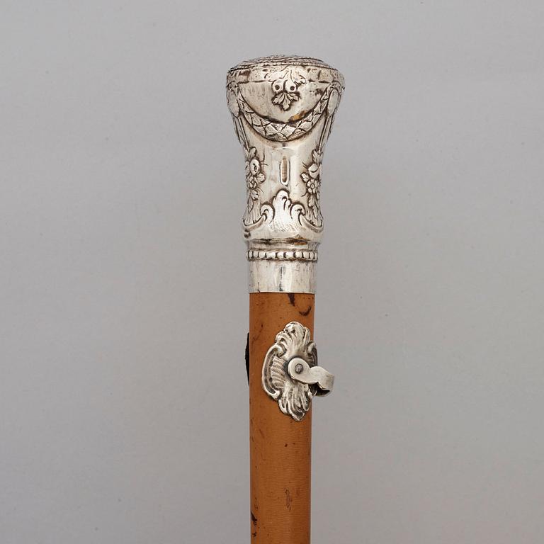 A German 18th century walking-stick with silver knob, marks of Johan Abraham Ostertag, Augsburg 1793-1795.