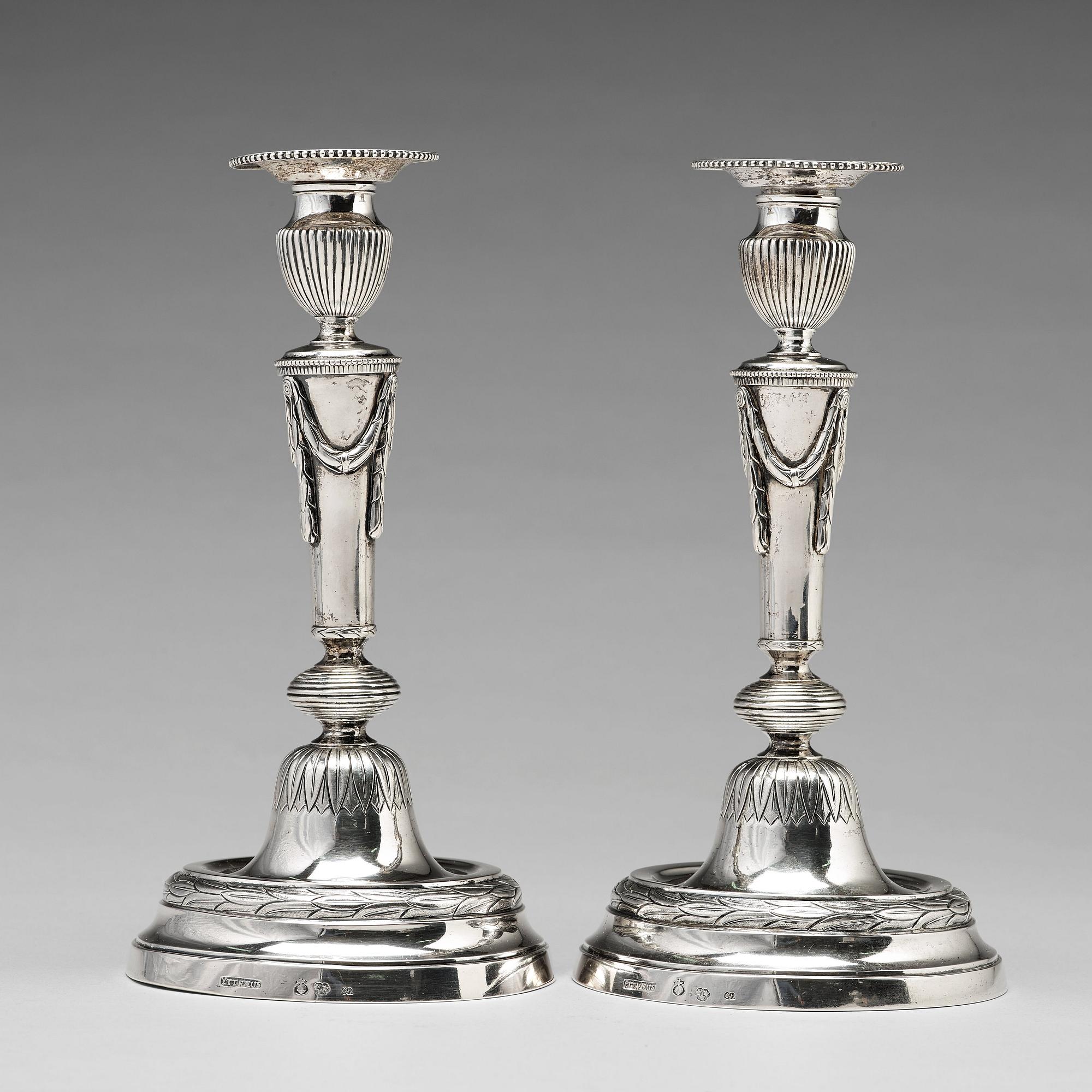 Olof Yttraeus, ljusstakar, ett par, silver, Uppsala 1785. Gustavianska.