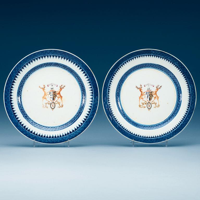 A pair of blue and white armorial dinner plates, Qing dynasty, Qianlong (1736-95).