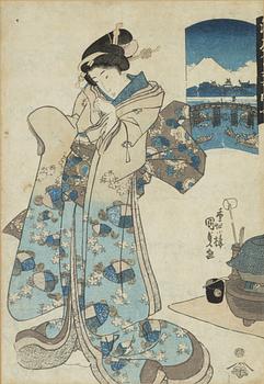 Utagawa Kunisada, two woodblock prints, Edo (1603-1868), 19th century.