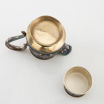 Cream jug and napkin ring Russia silver and enamel 1908-26.