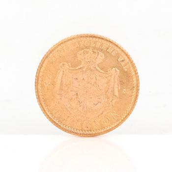 GULDMYNT, 10 kronor, Oscar II av Sverige och Norge 1874. Vikt ca 4,5 gram.