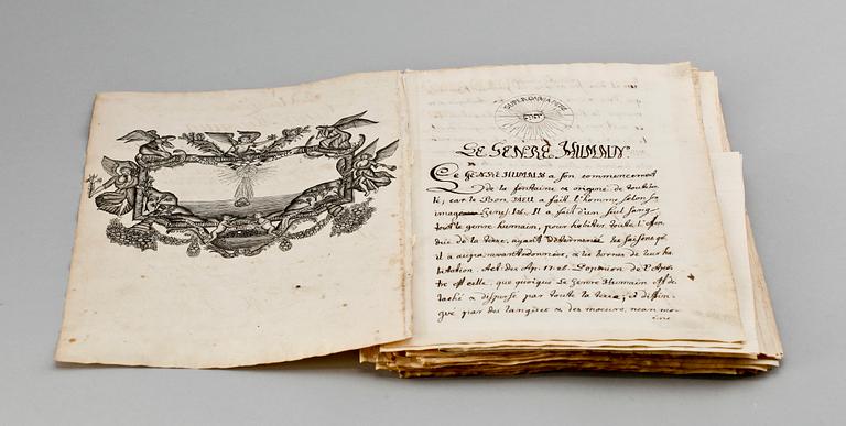 HANDSKRIFT, efter Johan Peringskiöld, "En book af menniskionen slächt och Jesu Christi börd", 1700-talets första hälft.