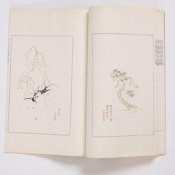 A book, four volumes, numerously illustrated with woodcuts in colours, "Shi zhu zhai jian pu" by Hu Zhengyan.