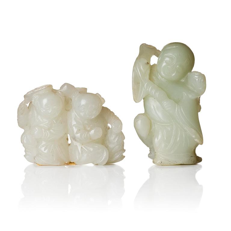 Two Chinese nephrite sculptures of boys, late Qing dynasty.