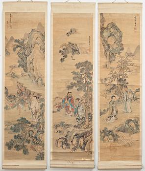 Three hanging scrolls, ink and color on paper, Qing dynasty, 19th century.