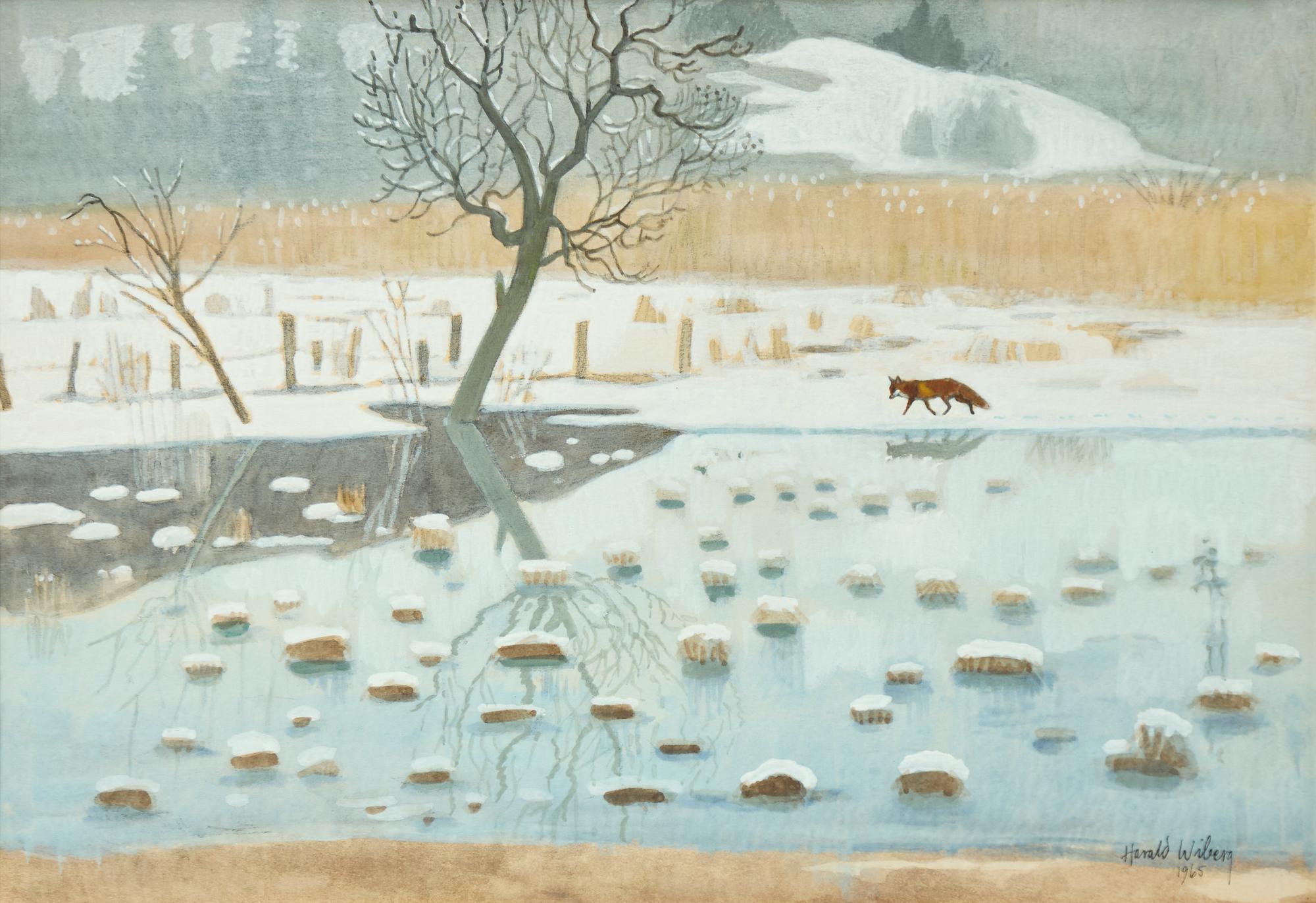 Harald Wiberg, Winter landscape with fox by frozen lake.