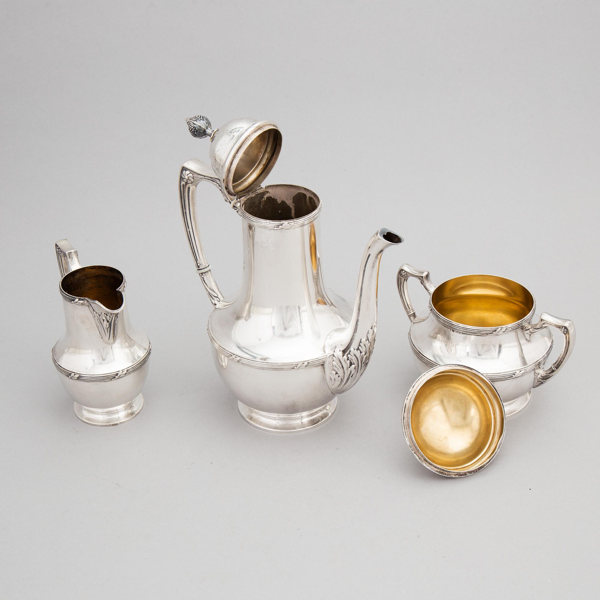 Uusi Kultaseppä Oy, kaffeservis, 3 delar, silver, jugend, Helsingfors 1912.