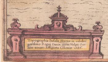 Georg Braun & Frans Hogenberg, karta över Ven / Hven, handkolorerat kopparstick, Köln ca 1586.