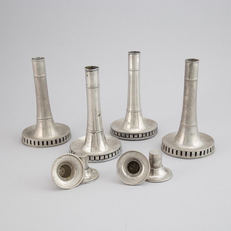 Four Swedish late gustavian pewter candlesticks by Hans Wicksten, Västerås, 1782-1810/14.