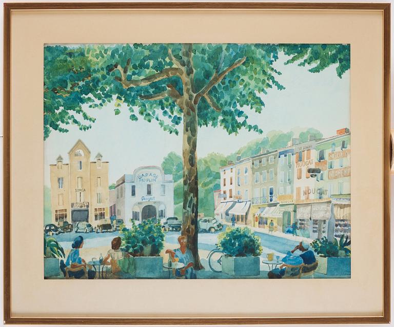 Josef Frank, a watercolour, a scene from a café in a French village, not signed.