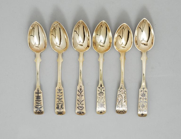 A SET OF SIX RUSSIAN SILVER-GILT AND NIELLO SPOONS, Moscow 1835-1846.