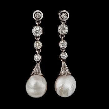 907. A pair of natural saltwater pearl and old-cut diamond earrings. Total carat weight of diamonds circa 0.80 ct.