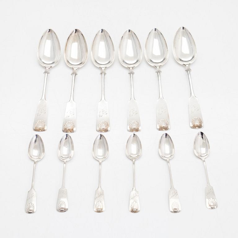 Cutlery set, 24 pieces, silver, Shell decorated handle, Finnish hallmarks, Turku, Hämeenlinna, Helsinki 1925-1953.