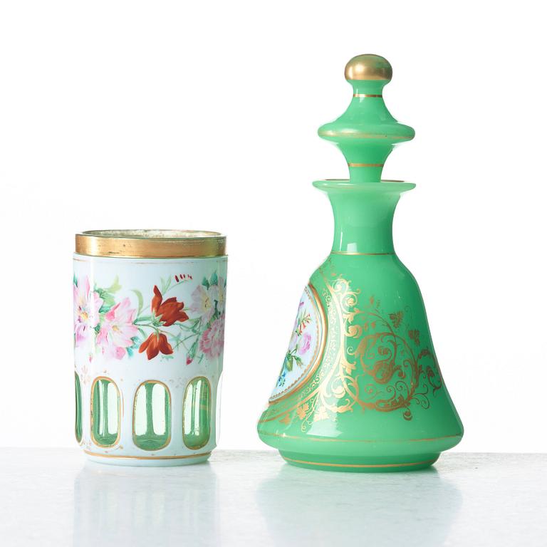 A green bottle with stopper and a beaker glass, Russia, 19th Century.