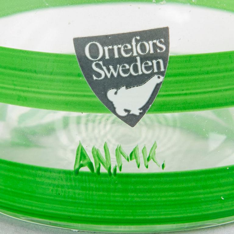 A signed handpainted glass decanter by Anne Nilsson later part of the 20th century.