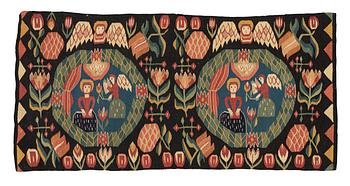 A carriage cushion, 'the Annunciation', tapestry weave, c. 100 x 48 cm, southwestern Scania, Sweden.