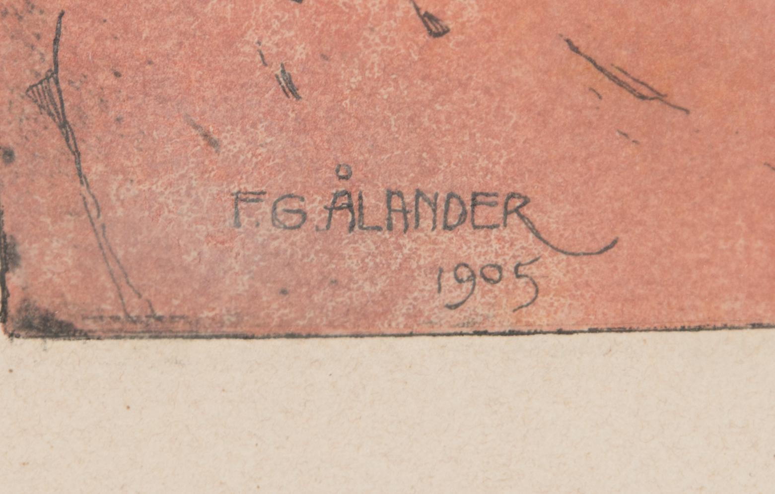 Fredrik Gabriel Ålander, värietsaus, laattasign. ja päivätty 1905, sekä omistuskirjoitus V.Hämäläiselle lyijykynällä.