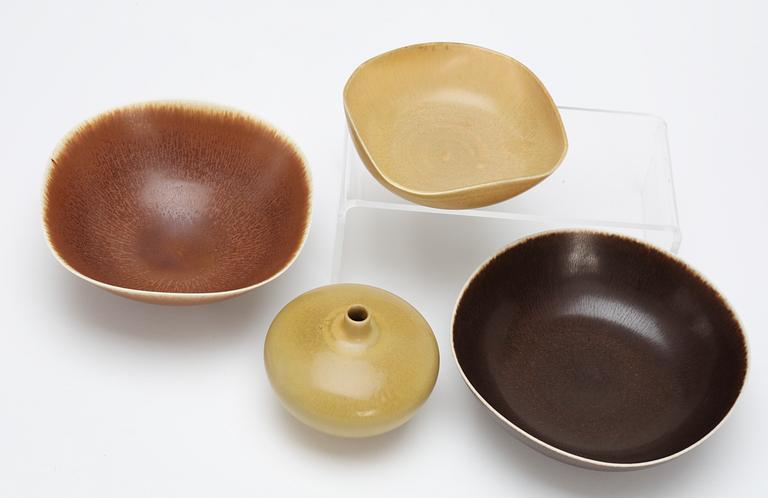 Three Berndt Friberg stoneware bowls and a vase, Gustavsberg studio 1954-1976.