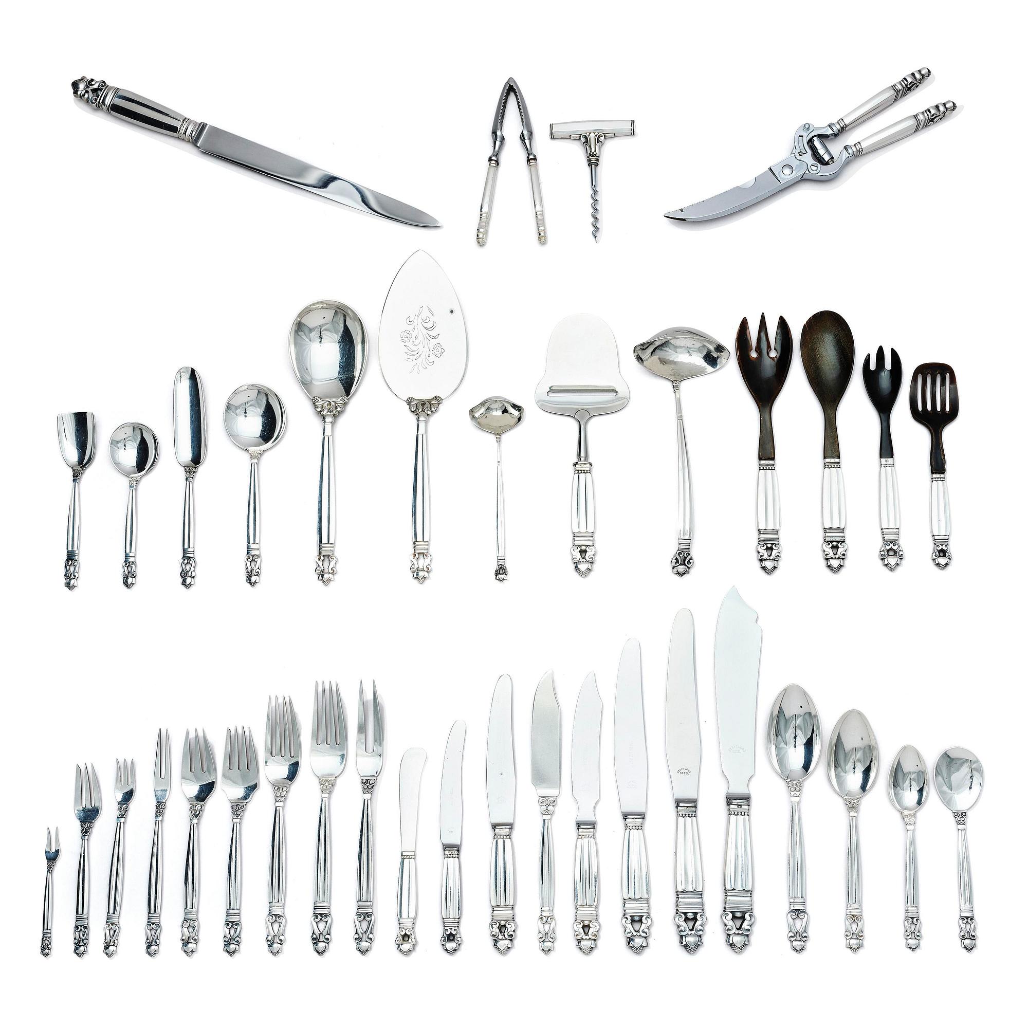 Georg Jensen, a set of 133 pieces of  'Acorn' sterling silver and stainless steel flatware, design Johan Rohde, Copenhagen after 1945.