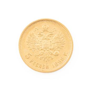 Gold coin, Nicholas II, Russia, 5 Rubles, 1898.