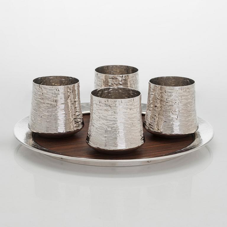 Tapio Wirkkala, four silver beakers, and a rosewood and sterling silver tray, Kultakeskus, Hämeenlinna 1973-74.