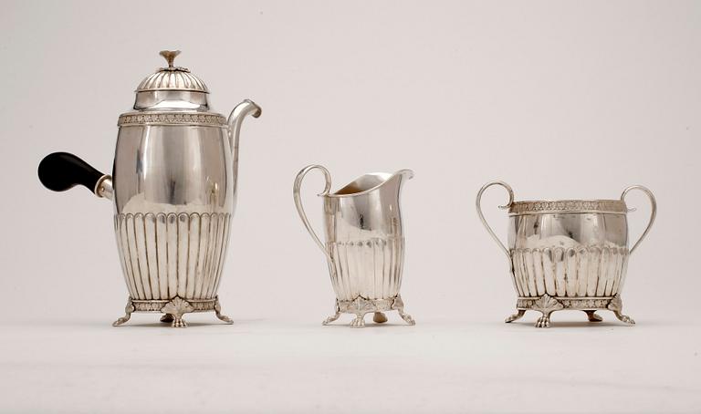 MOCKAKAFFESERVIS, 3 delar, silver, empirestil, K. Bourdettes silververkstad, Kristianstad 1931. Tot ca 508 gram.