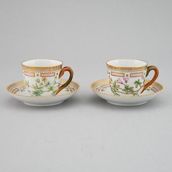 A pair of Royal Copenhagen 'Flora Danica' coffee cups with saucers, Denmark.