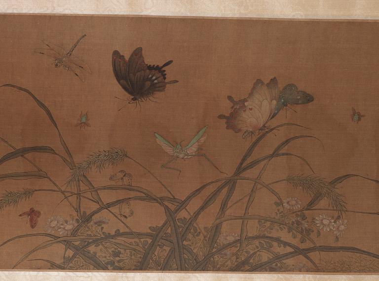 RULLMÅLNING, landskap med fjärilar och insekter i Qian Xuans (1235-1305) efterföljd, Qing dynastin 1800-tal.