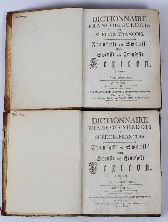 BÖCKER, 4 st, "Dictionnaire Francois suedois et suedois francois" vol I-II, av Jacob Björkegren, Stockholm 1795.