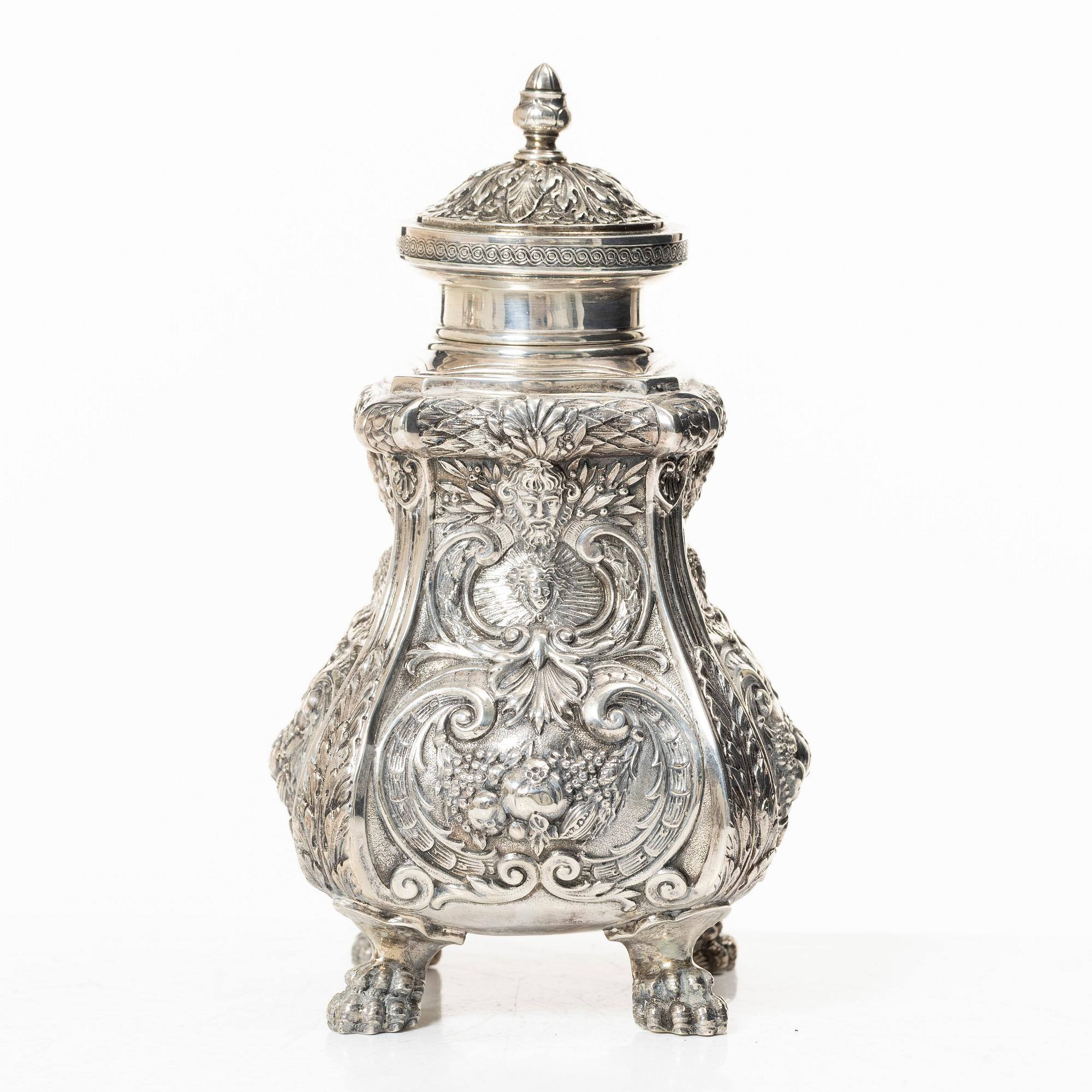 A Rococo style silver tea caddy, Swedish import mark, 20th century.