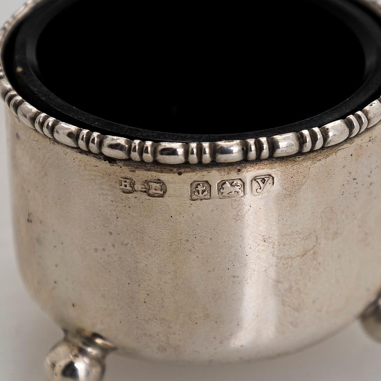 Napkin rings, 6 pcs, a pair of salt shakers, and salt cellars, silver and glass, including English and Finnish marks.