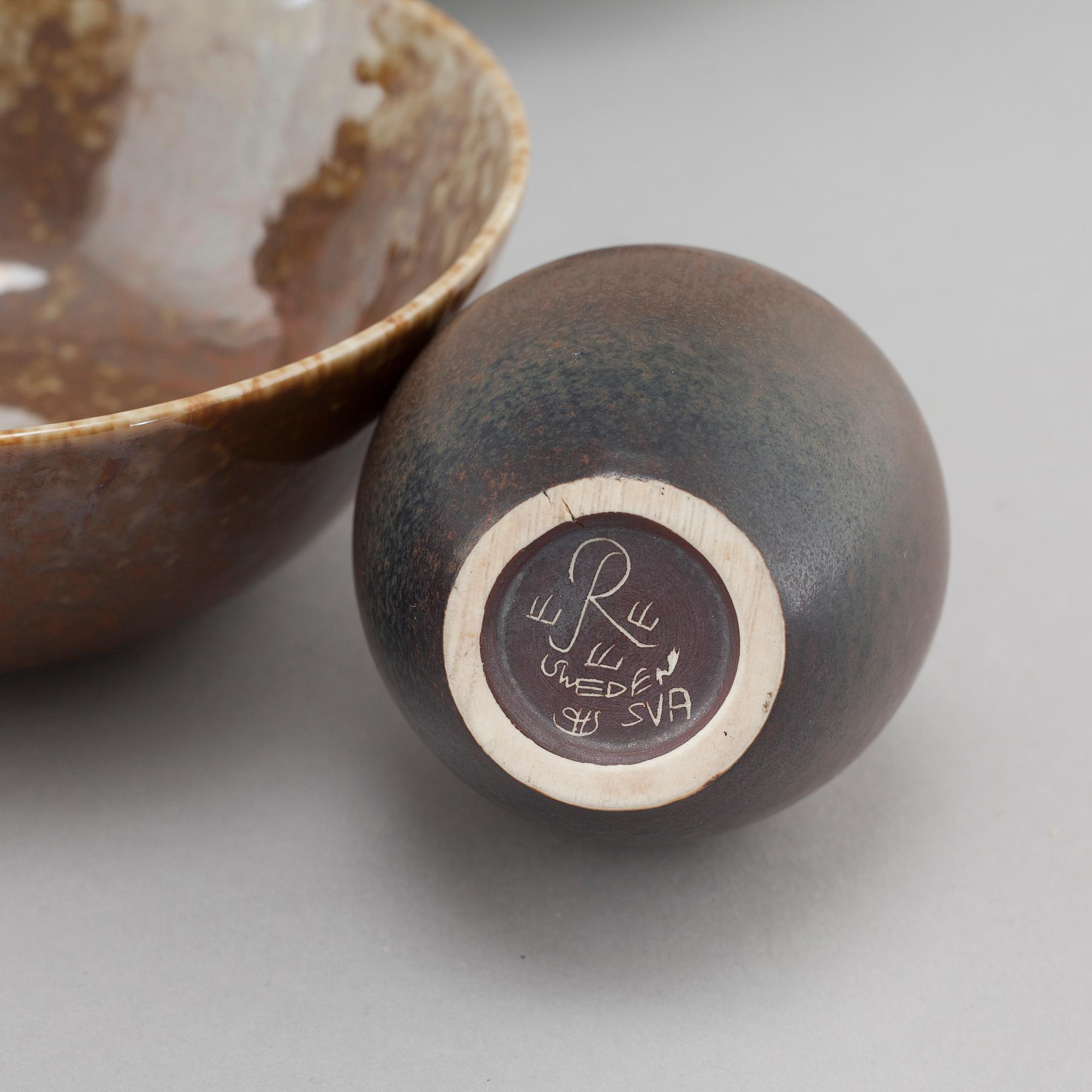 CARL-HARRY STÅLHANE, 5 skålar samt 2 vaser, stengods, Rörstrand, 1950/60-tal.