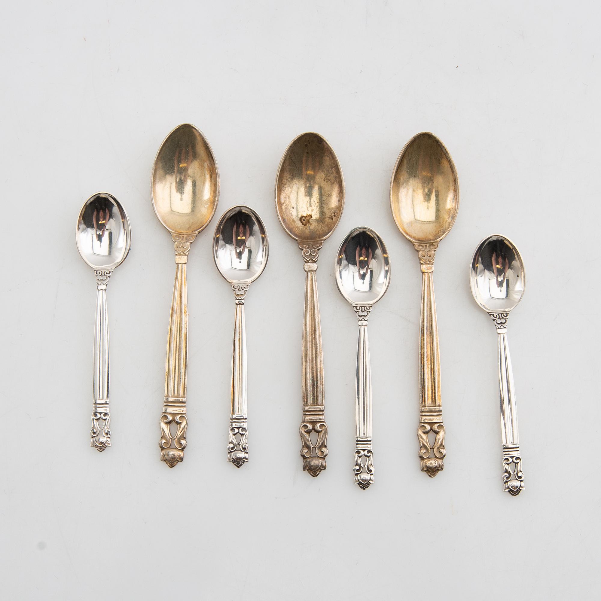 Johan Rohde, skedar 7+5 st "Konge/Achorn" sterlingsilver för Georg Jensen efter 1945.