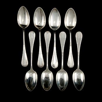 MATSKEDAR, 8 st, silver,Bernhard Hertz, Stockhom samt J.M Johansson, Göteborg, 1910 respetkive 1931. Vikt 540 gram.