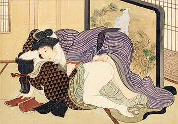 KONSTNÄR FRÅN UTAGAWA SKOLAN,
Shunga album, Japan, sen Edo (1603 - 1868) eller Meiji (1868-1912).
12 målningar på siden.