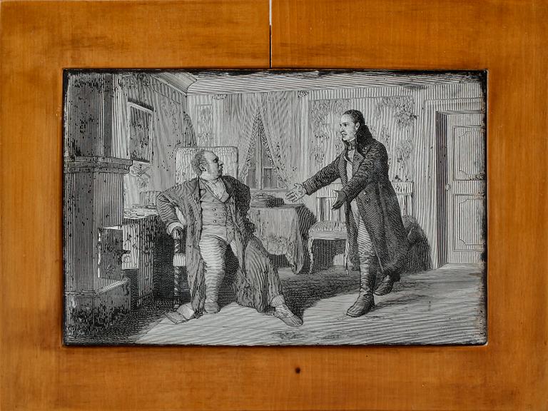 MINIATYRER, 2 st, tryck på gips, 1800-tal.