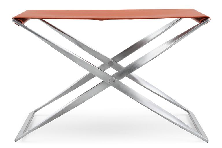 A Poul Kjaerholm 'PK-91' steel and brown leather stool, Fritz Hansen, Denmark.